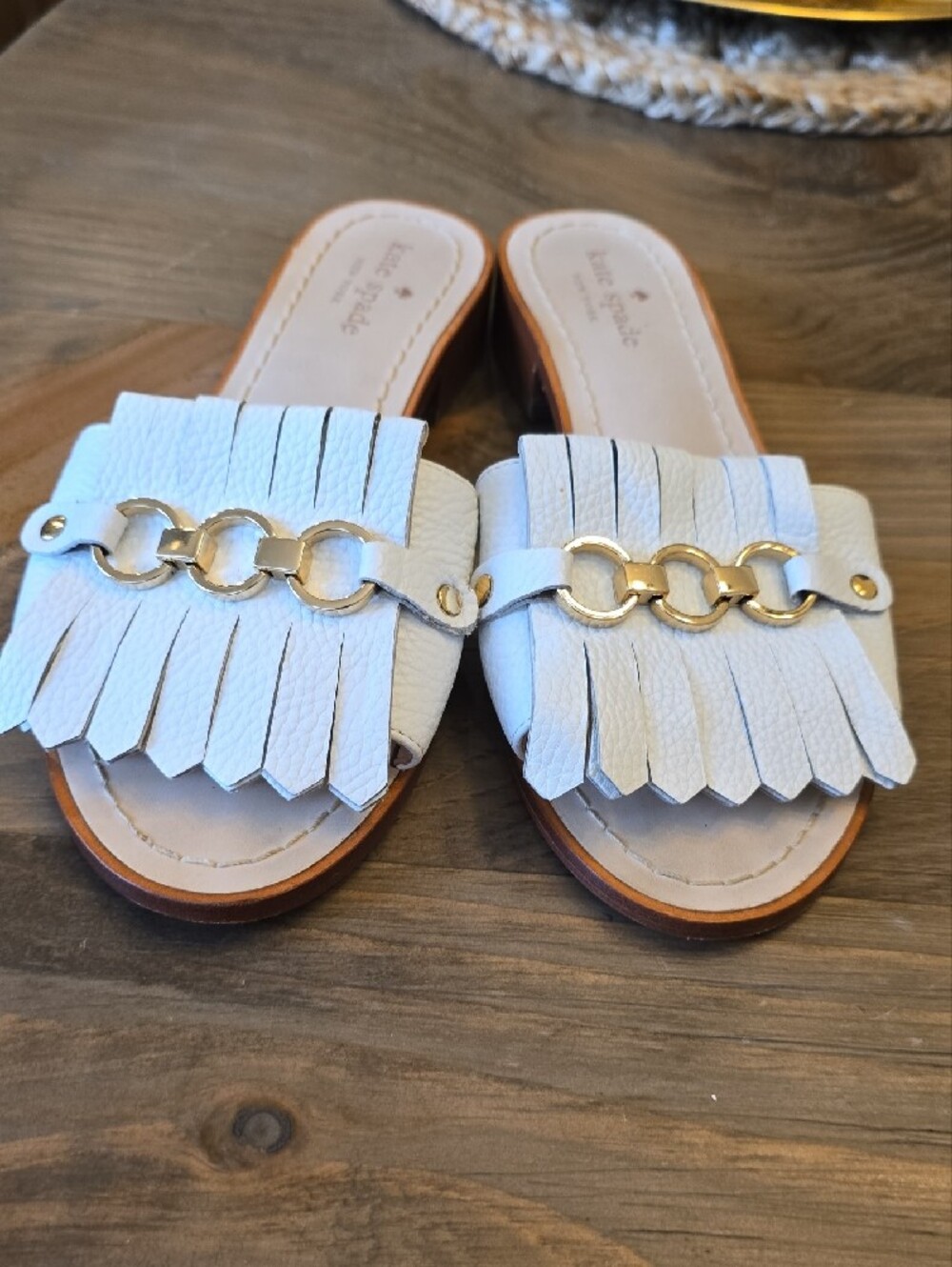 Kate Spade White Fringe Slide Mules with Gold Chain - Picture 7 of 12